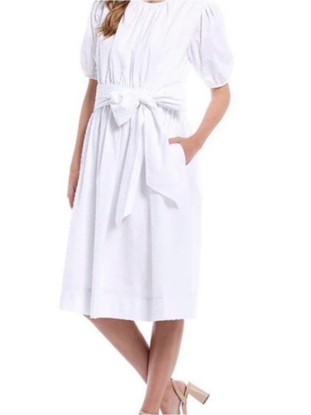 LDT Connie Women's White Midi Dress Puff Sleeves Waist Bow Swiss dot 2